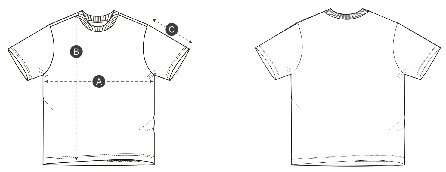 Esquema de la camiseta Regular con las referencias A para pecho, B para largo y C para manga